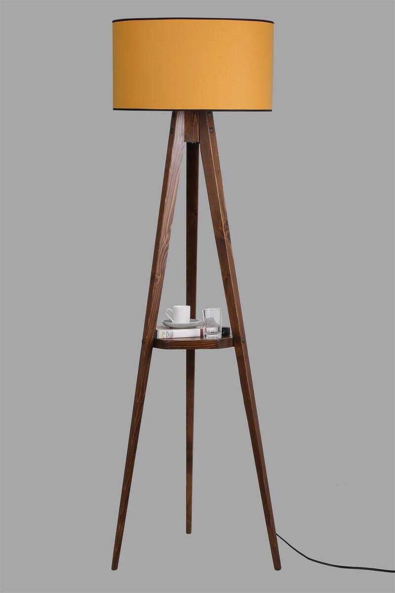 Stehleuchte senf nussbaum Holz Stoff B/H/L/D: ca. 45x153x45x45 cm E27 1 Brennstellen
