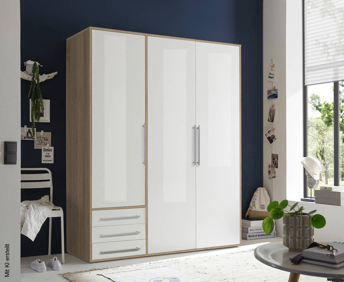 Kleiderschrank Lyss Eiche Sonoma Nachbildung weiß B/H/T: ca. 155x194x58 cm | Eiche, weiß | 155,00/194,00/58,00 cm