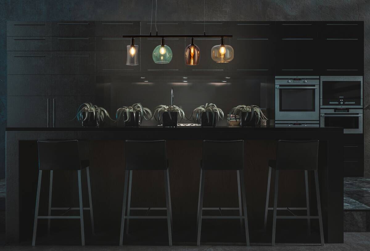 Nowa Pendelleuchte 30170408 schwarz Metall Glas B/H/T: ca. 80x150x14,5 cm E14 4 Brennstellen