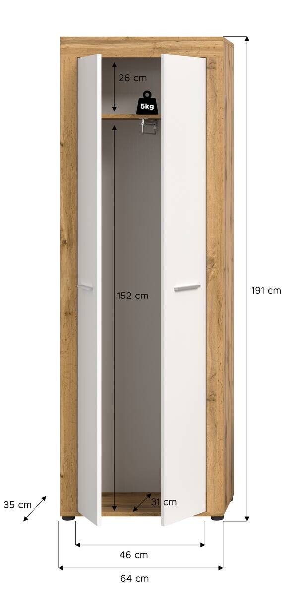 Garderobenschrank JAM Eiche Wotan Nachbildung weiß B/H/T: ca. 64x191x35 cm