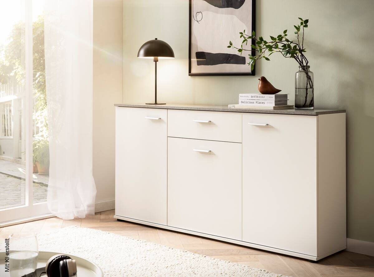 Kommode Alanis weiß matt Beton Optik B/H/T: ca. 150x80x34 cm