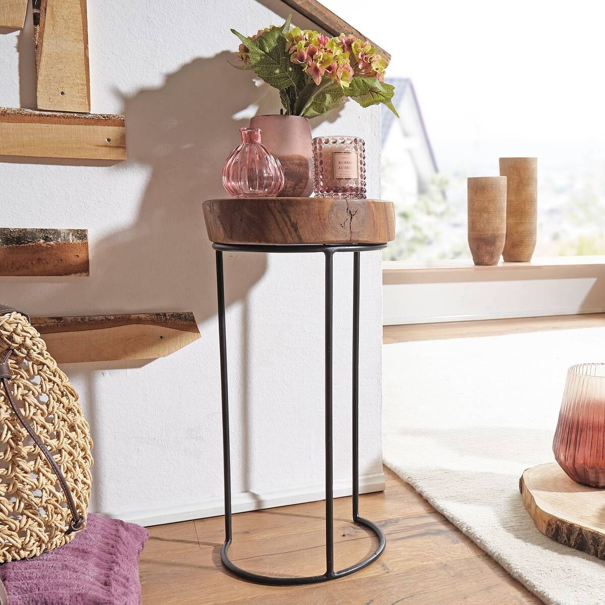 Beistelltisch natur schwarz Echtholz Metall B/H/T: ca. 28x55x28 cm