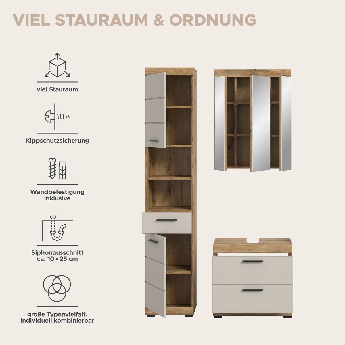 Badezimmer-Set Scout Evoke Oak Nachbildung Kaschmirgrau Nachbildung B/H/T: ca. 112x191x34 cm