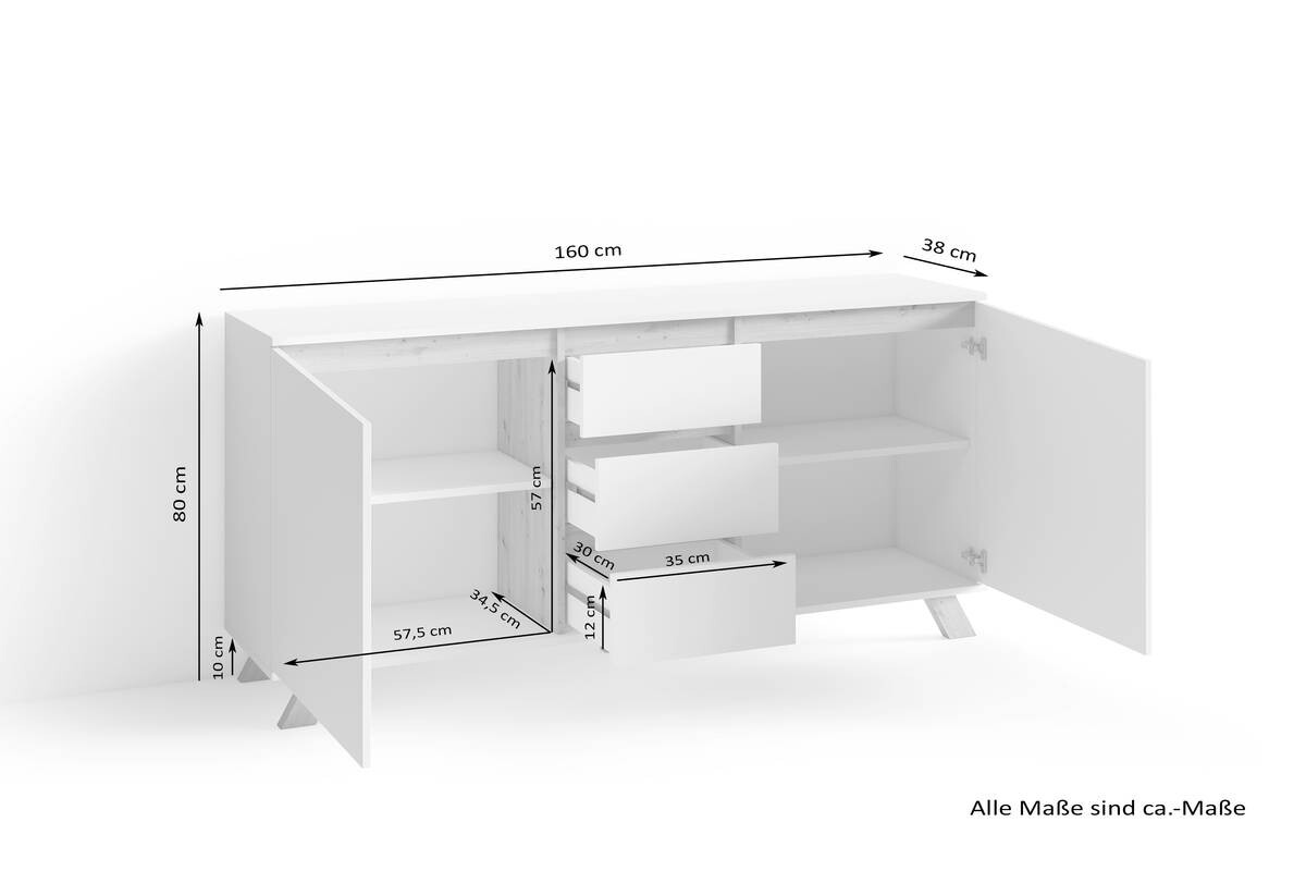 Sideboard VALENTIN weiß Eiche Nachbildung B/H/T: ca. 160x80x38 cm