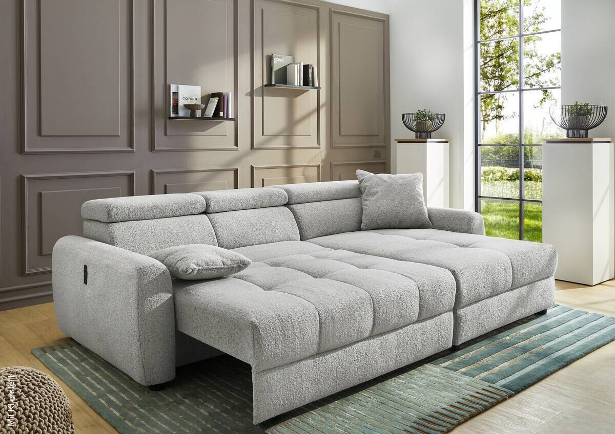 Ecksofa mit elektrischer XXL Sitztiefenverstellung hellgrau Flachgewebe B/H/T: ca. 270x109x175 cm