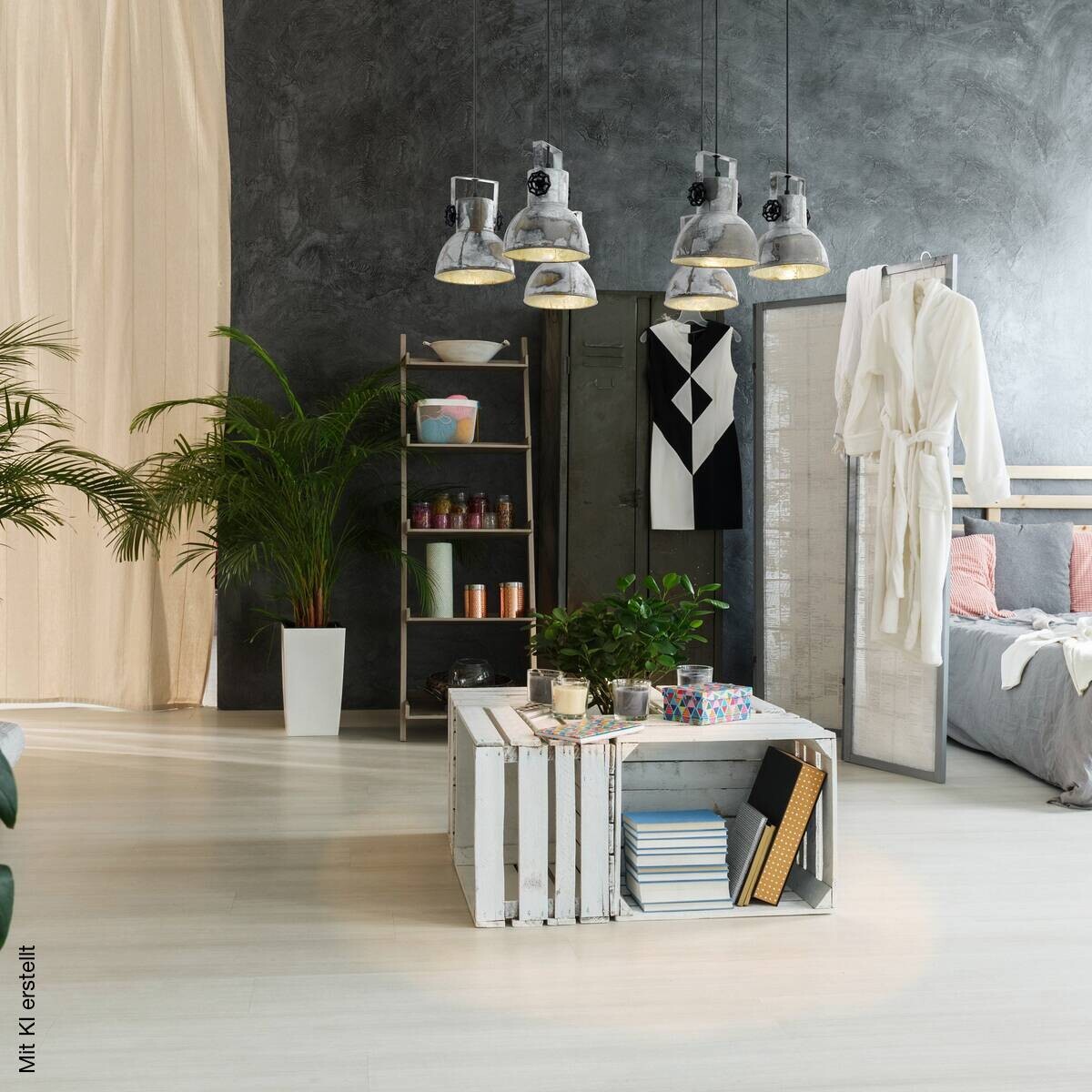 Eglo Pendelleuchte Barnstaple braun Metall Spanplatte H/L: ca. 130x18 cm E27 6 Brennstellen