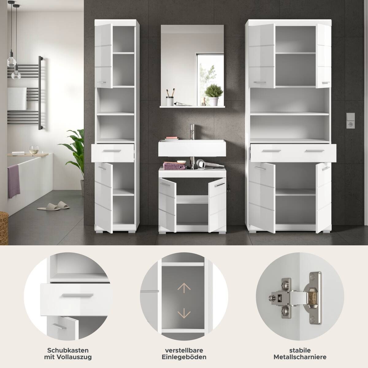 Badezimmer-Set Scout weiß weiß Hochglanz B/H/T: ca. 186x191x34 cm