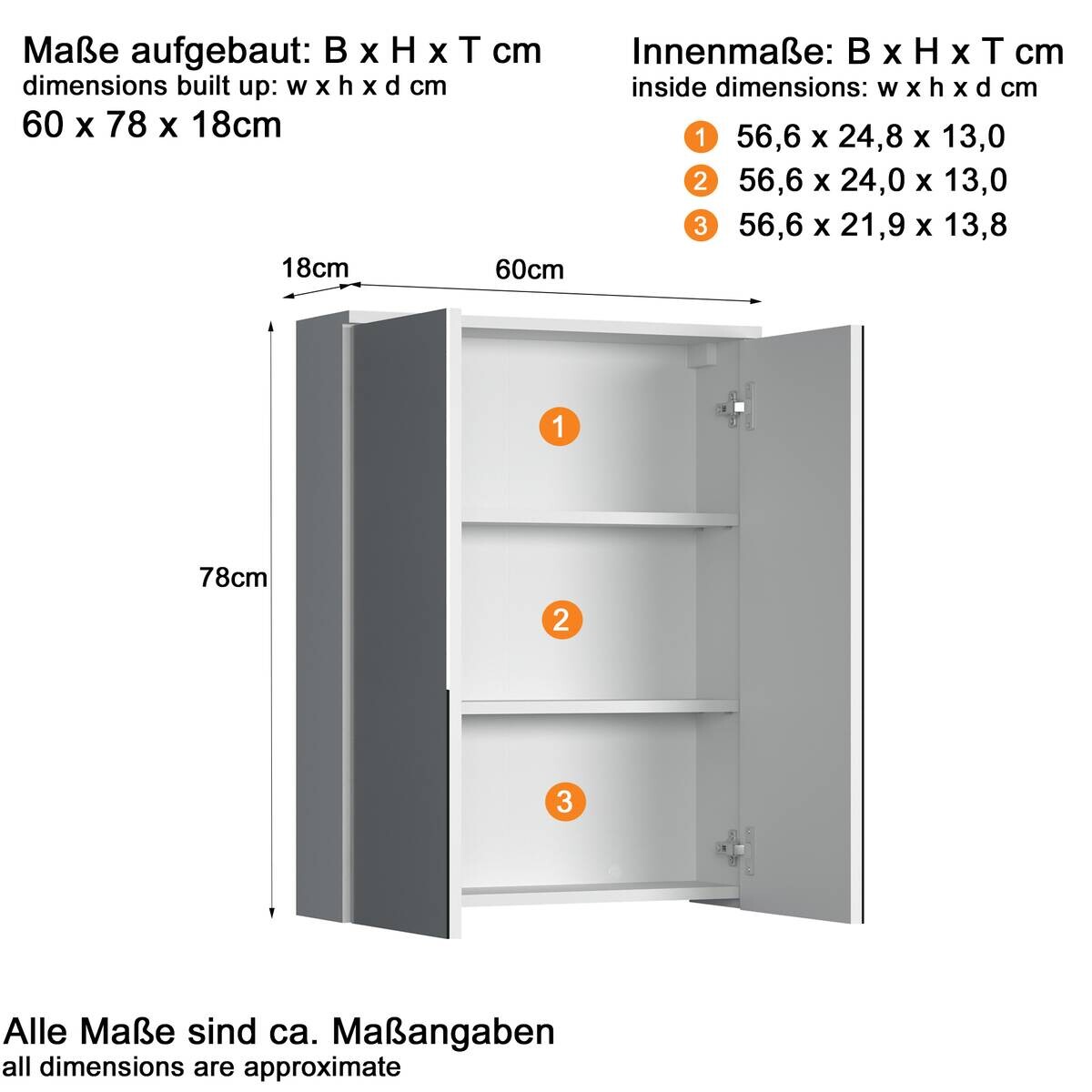 Spiegelschrank Wons weiß Hochglanz weiß matt B/H/T: ca. 60x78x18 cm