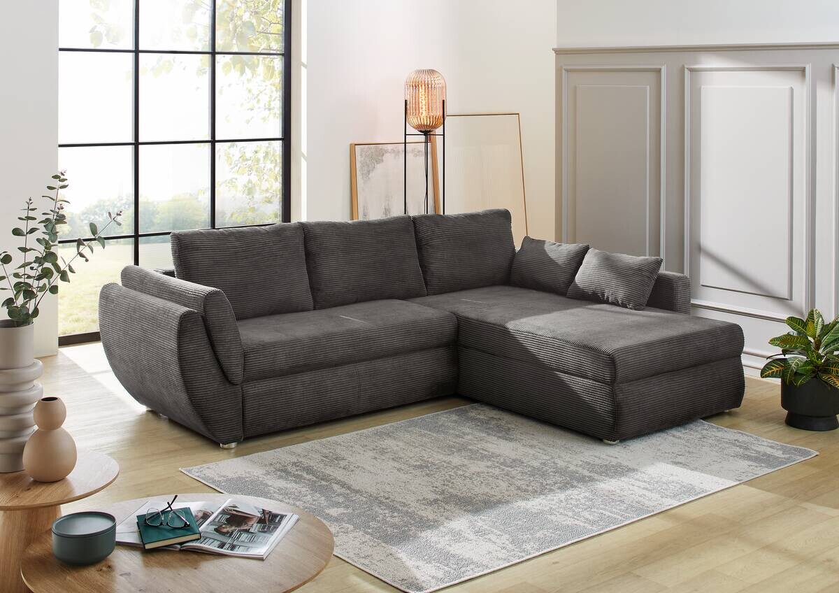Ecksofa mit Bettfunktion und Bettkasten grau Microfaser B/H/T: ca. 272x88x200 cm