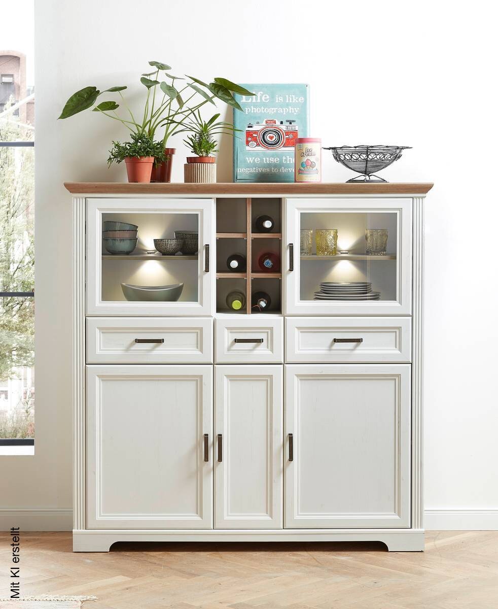 Highboard Jasmin weiß Pinie Nachbildung Eiche Artisan Nachbildung B/H/T: ca. 143x150x42 cm