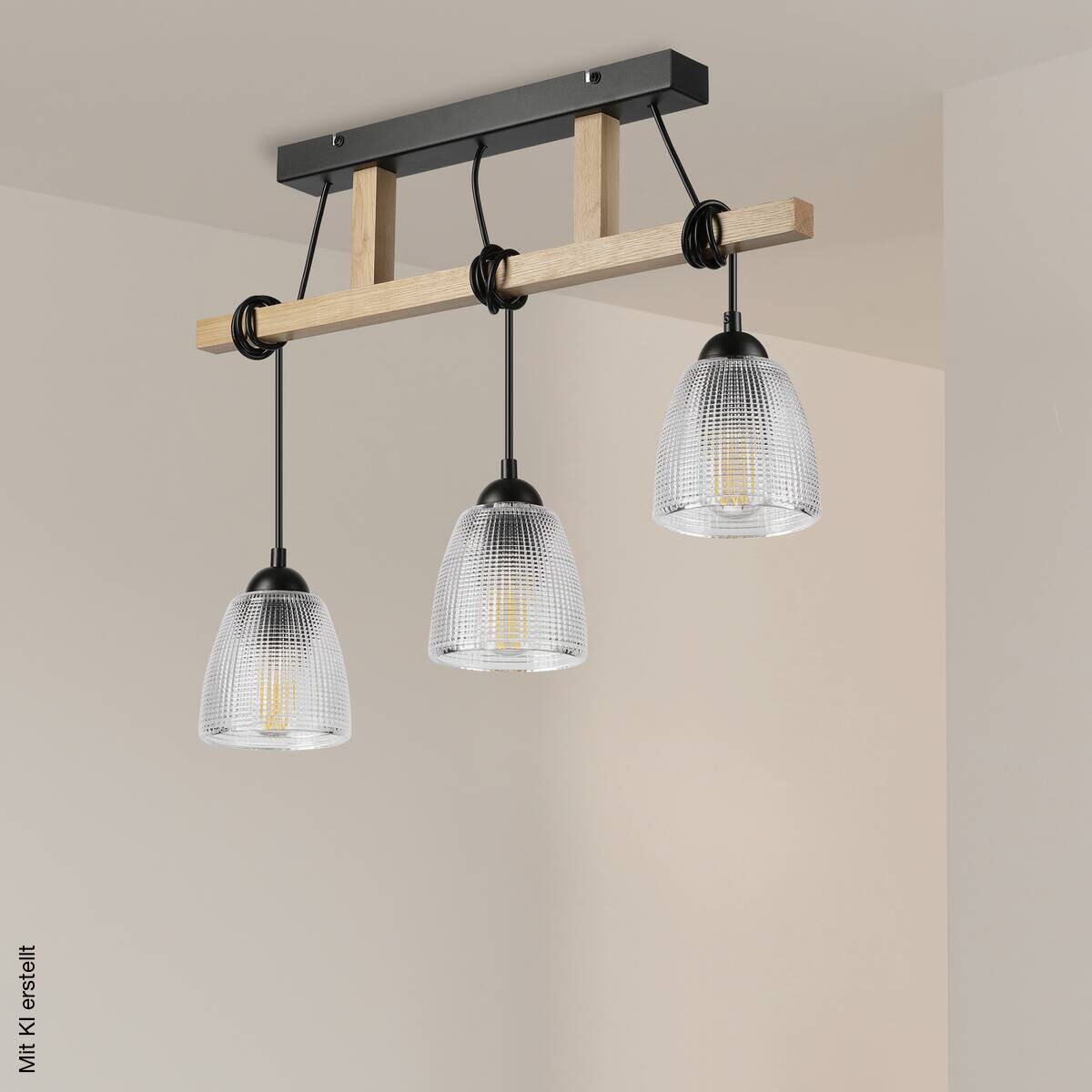 Lamkur Pendelleuchte Eiche Stahl B/H/L: ca. 60x88x60 cm E27 3 Brennstellen