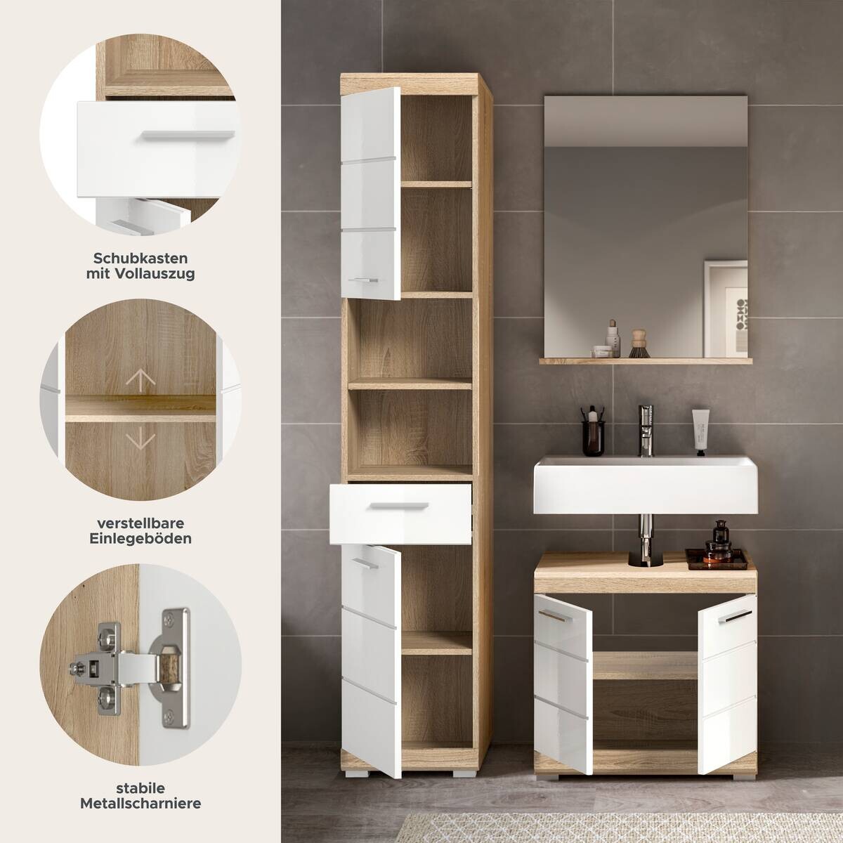 Badezimmer-Set Lambada Eiche Sonoma Nachbildung weiß Hochglanz B/H/T: ca. 112x191x34 cm