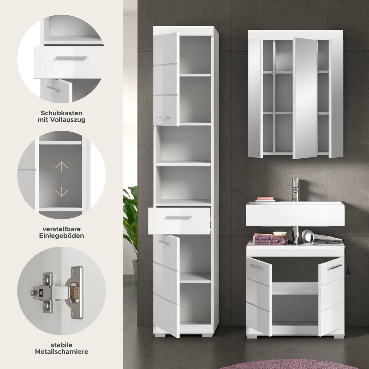 Badezimmer-Set Scout weiß weiß Hochglanz B/H/T: ca. 112x191x34 cm