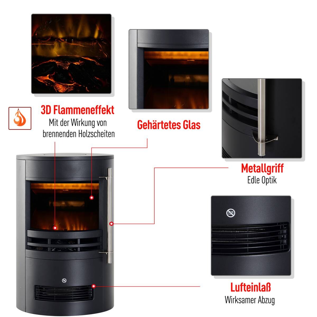 HOMCOM Elektrischer-Kamin 820-087 schwarz Eisen Kunststoff Glas B/H/T: ca. 41x64,5x41 cm ca. 1800 W