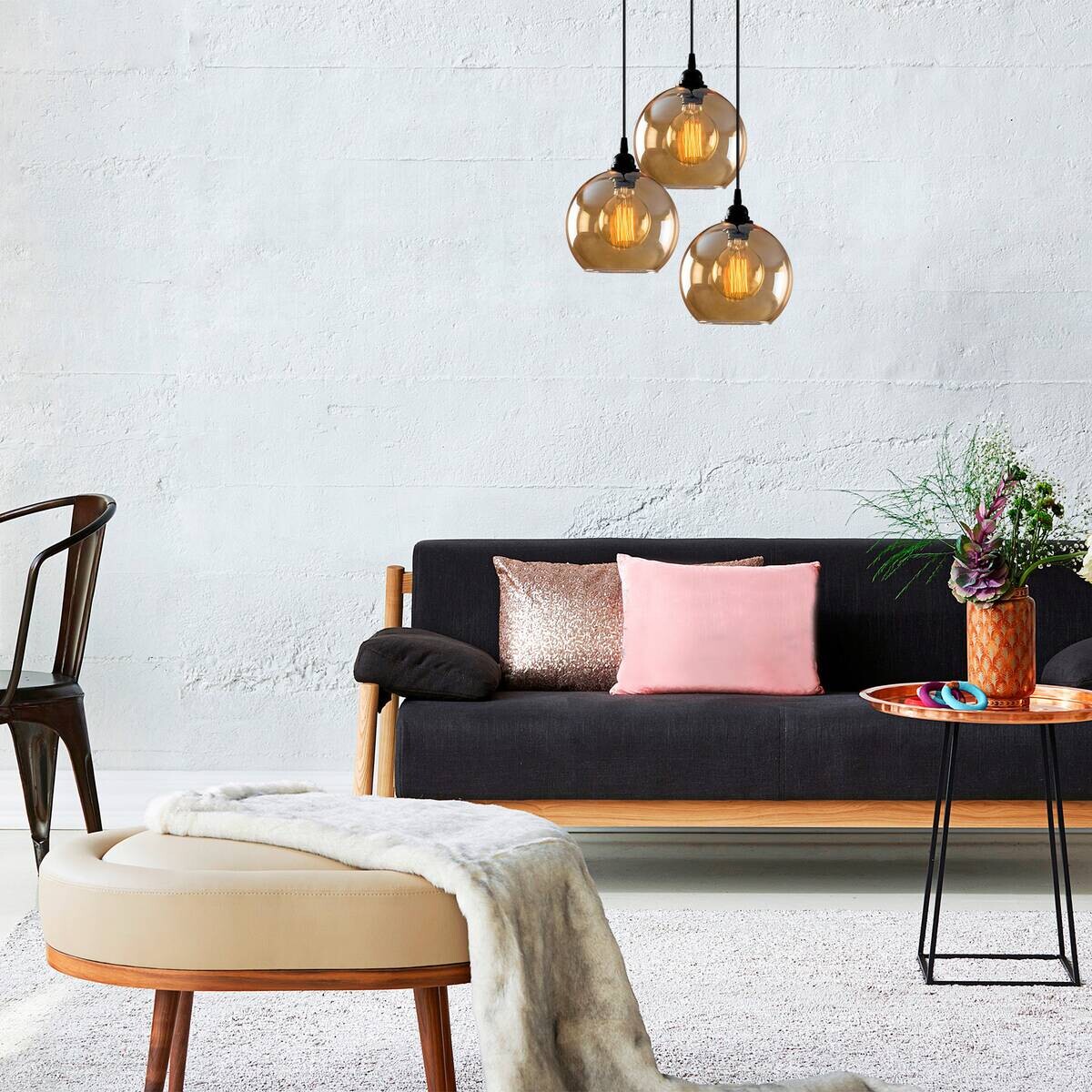 Opviq Pendelleuchte gold schwarz Glas B/H/T/L/D: ca. 44x116x44x44x44 cm E27 3 Brennstellen