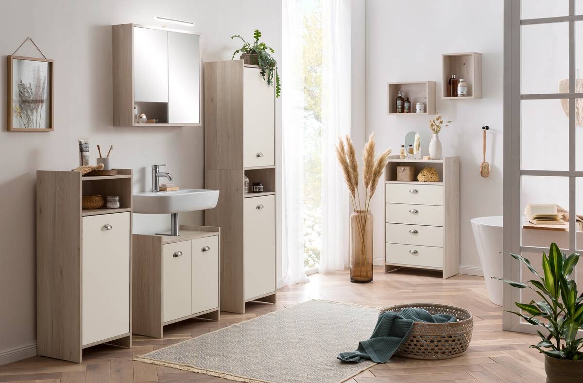 Waschbeckenunterschrank Lindholm Eiche Sand Nachbildung creme B/H/T: ca. 57x62x33 cm