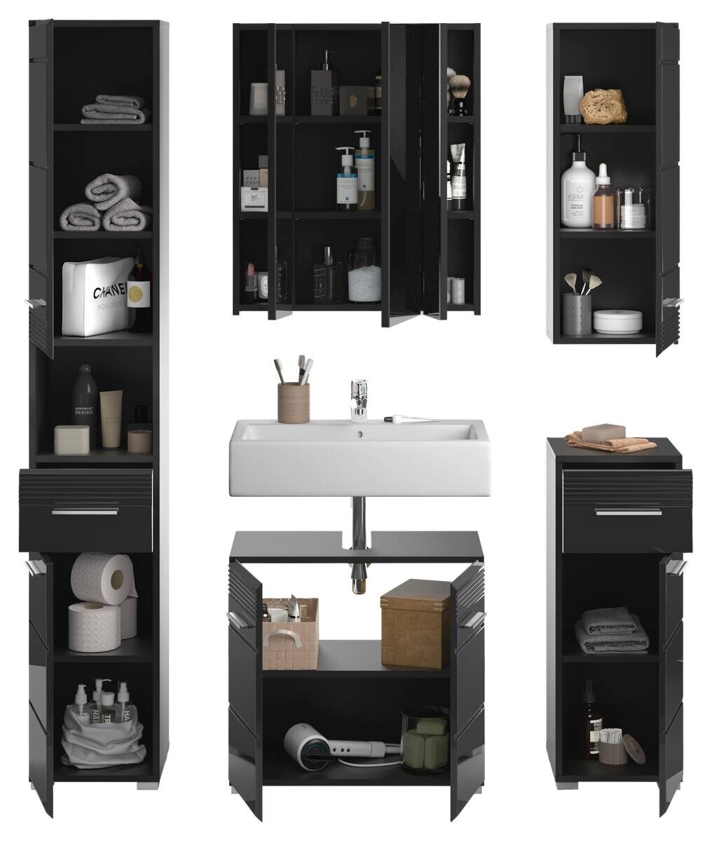 Badezimmer-Set LINUS schwarz schwarz Hochglanz B/H/T: ca. 150x182x34 cm