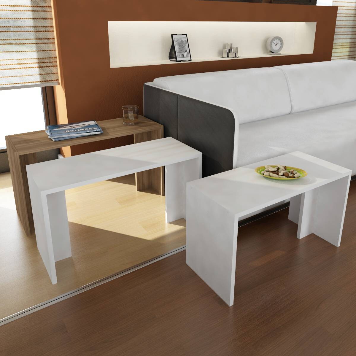 Beistelltisch 3er-Set. Cango weiß walnuss Nachbildung Spanplatte B/H/T: ca. 80x45x30 cm