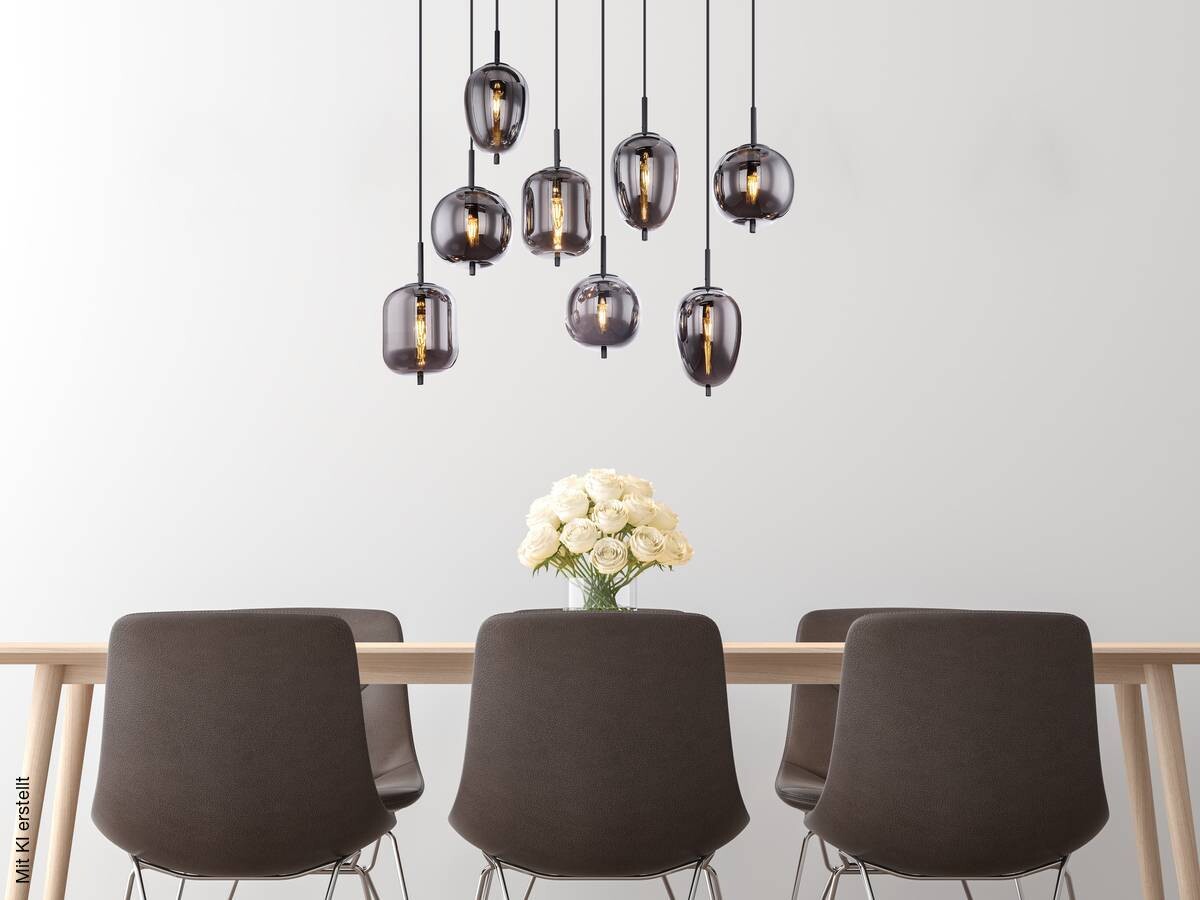 GLOBO Pendelleuchte Blacky 15345-8 schwarz Rauch Metall Glas B/H/T: ca. 94x120x34 cm E14 8 Brennstellen