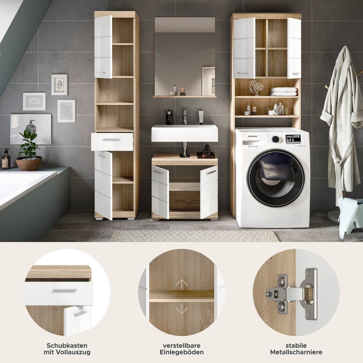 Badezimmer-Set Lambada Eiche Sonoma Nachbildung weiß Hochglanz B/H/T: ca. 190x191x34 cm