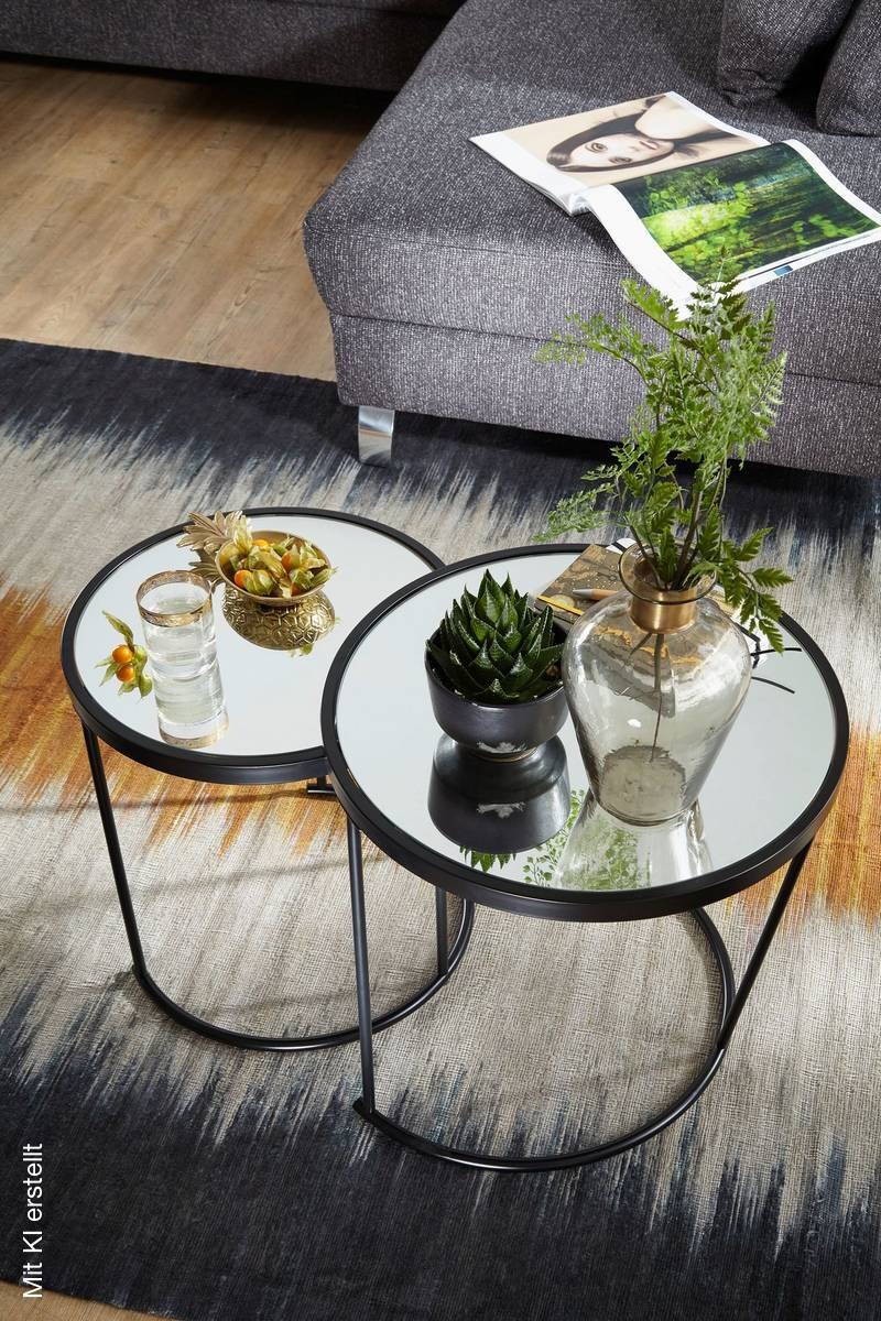 Beistelltisch 2er-Set. schwarz lackiert Glas Metall
