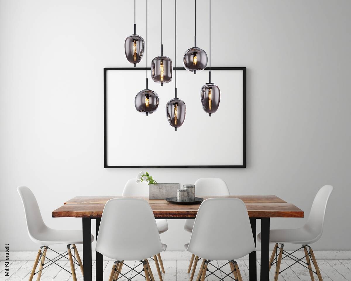 GLOBO Pendelleuchte Blacky schwarz Rauch Metall Rauchglas B/H/L: ca. 34x120x80 cm E14 6 Brennstellen