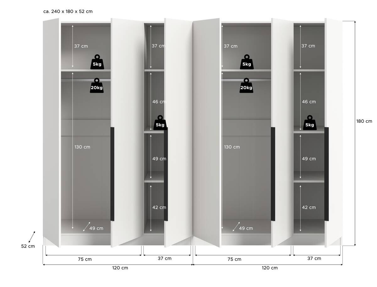 Kleiderschrank KOPENHAGEN weiß B/H/T: ca. 240x181x52 cm