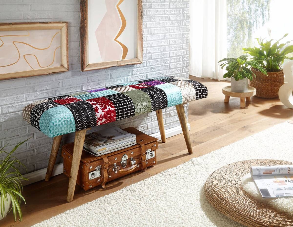 Wohnling Sitzbank bunt natur Stoff Echtholz B/H/T: ca. 117x51x38 cm