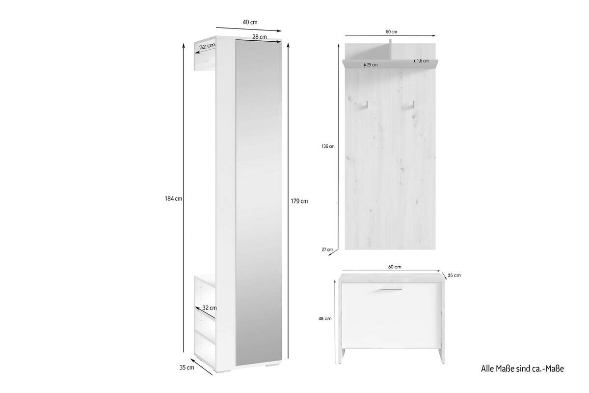 Garderobenset BEN Set 3-tlg. Eiche anthrazit