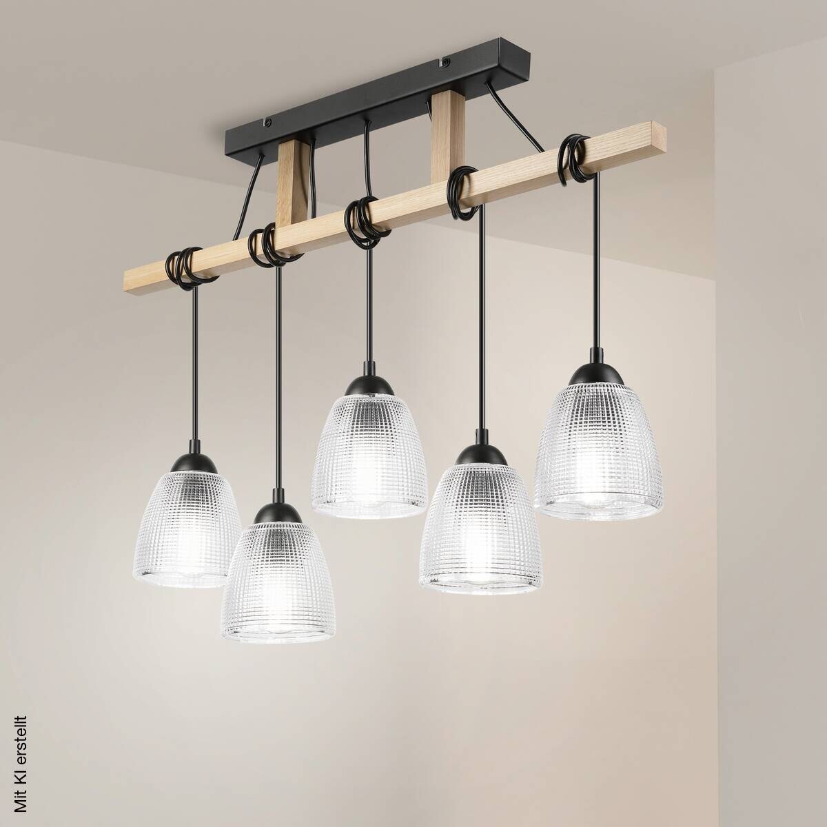 Lamkur Pendelleuchte Eiche Stahl B/H/L: ca. 75x88x75 cm E27 5 Brennstellen