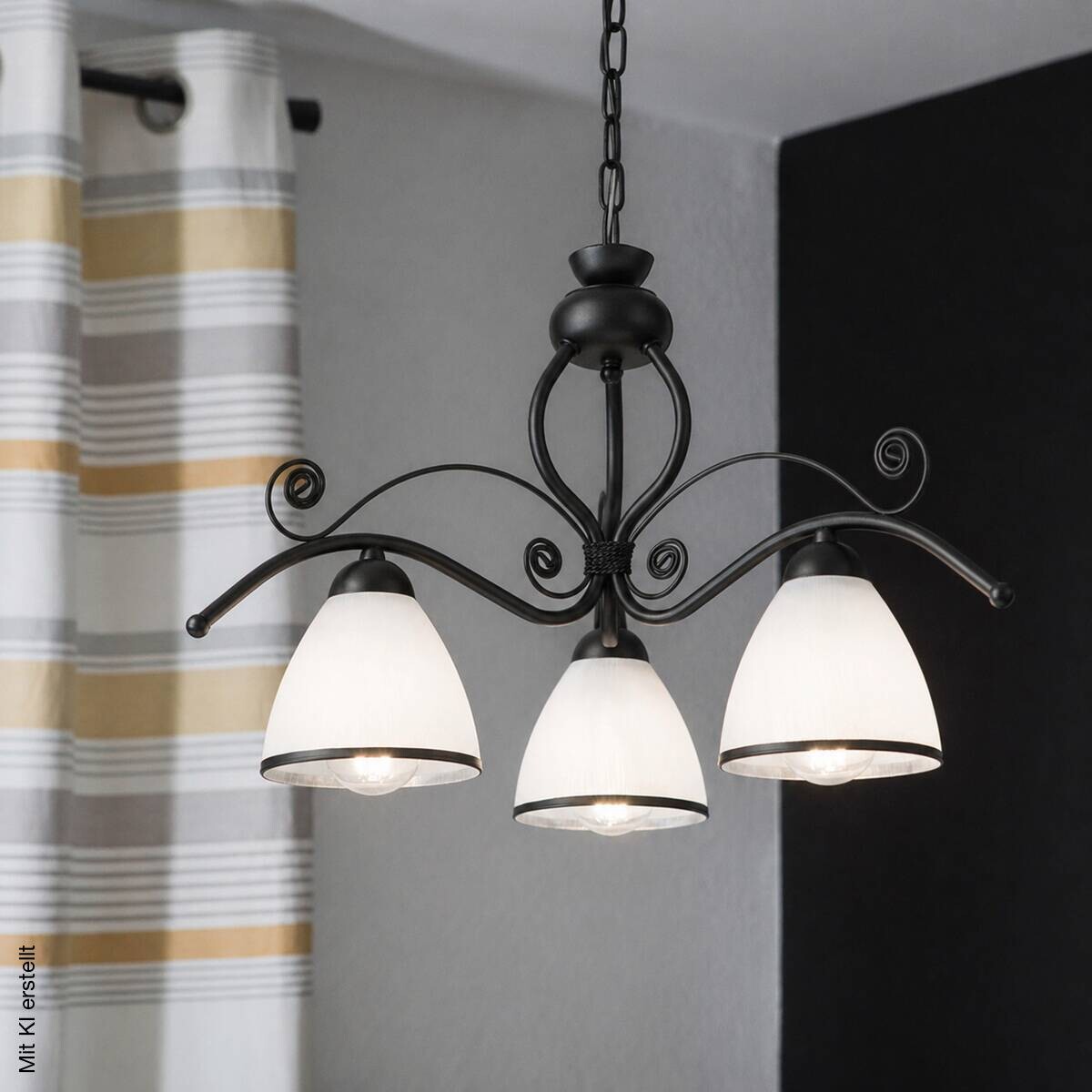 Lamkur Pendelleuchte beige weiß Stahl Glas B/H/L: ca. 41x73x41 cm E27 3 Brennstellen