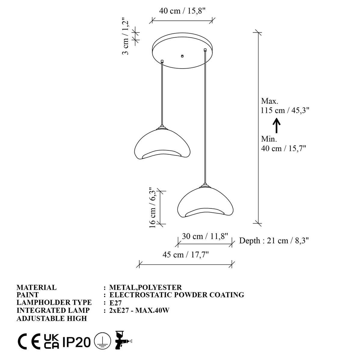 Opviq Pendelleuchte weiß B/H/T: ca. 45x104x45 cm E27 2 Brennstellen