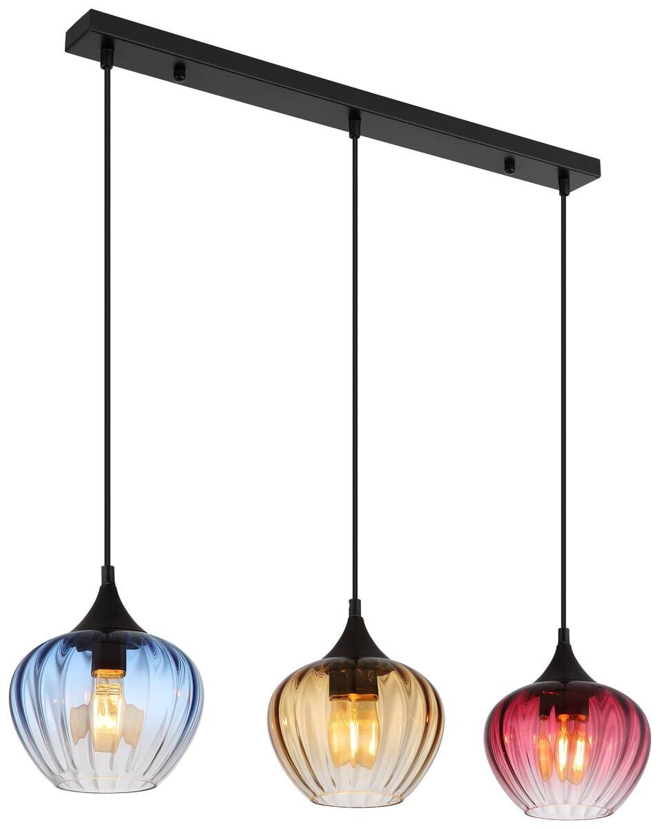 GLOBO Pendelleuchte SANDER 15748-3H schwarz blau Metall Glas B/H/L: ca. 18x150x80 cm E27 3 Brennstellen
