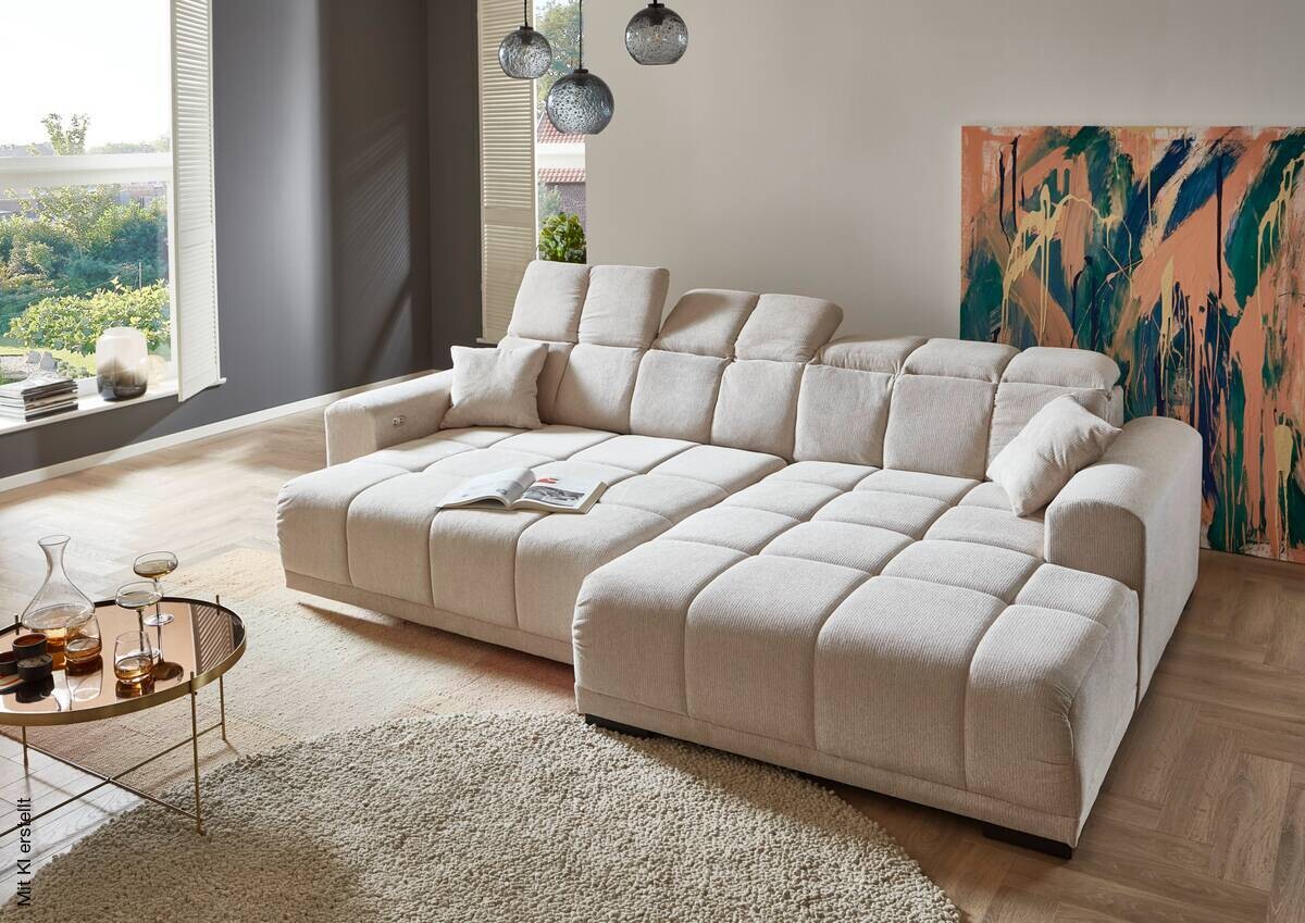 Ecksofa mit elektrischer Sitztiefenverstellung beige Microfaser B/H/T: ca. 301x113x195 cm