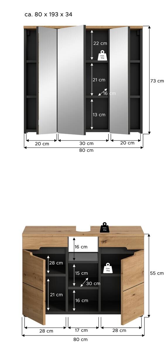 Badezimmer-Set Canu Basalt Eiche Artisan Nachbildung B/H/T: ca. 80x193x34 cm