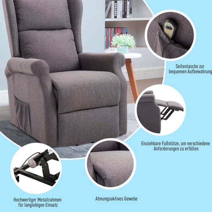 HOMCOM Elektrischer Fernsehsessel 713-031GY grau Polyester-Mischgewebe Holz Schaumstoff B/H/L: ca. 73x109x94 cm