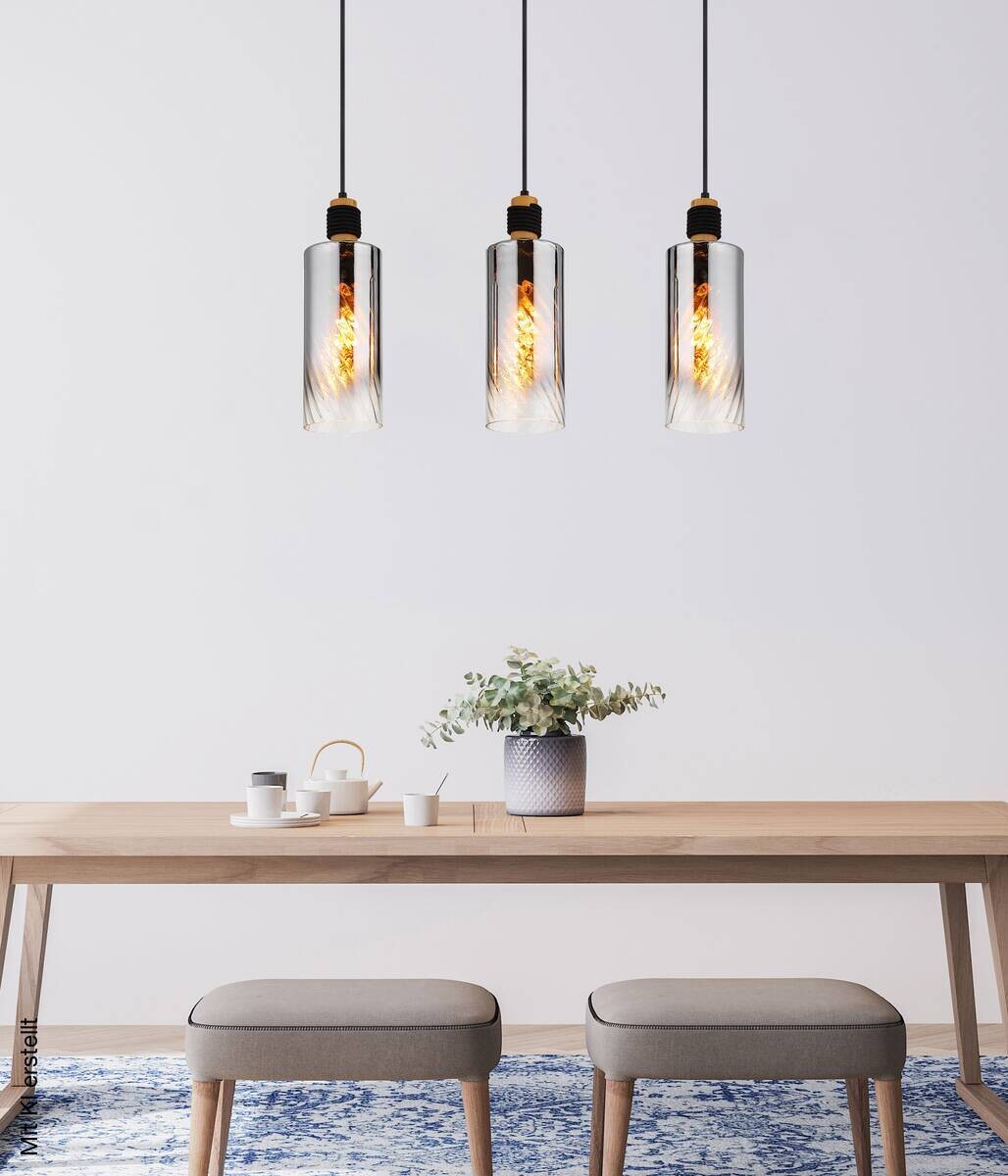 GLOBO Pendelleuchte mattschwarz Rauch braun Glas Holz Metall B/H/T/L: ca. 12x150x68x68 cm E27 3 Brennstellen