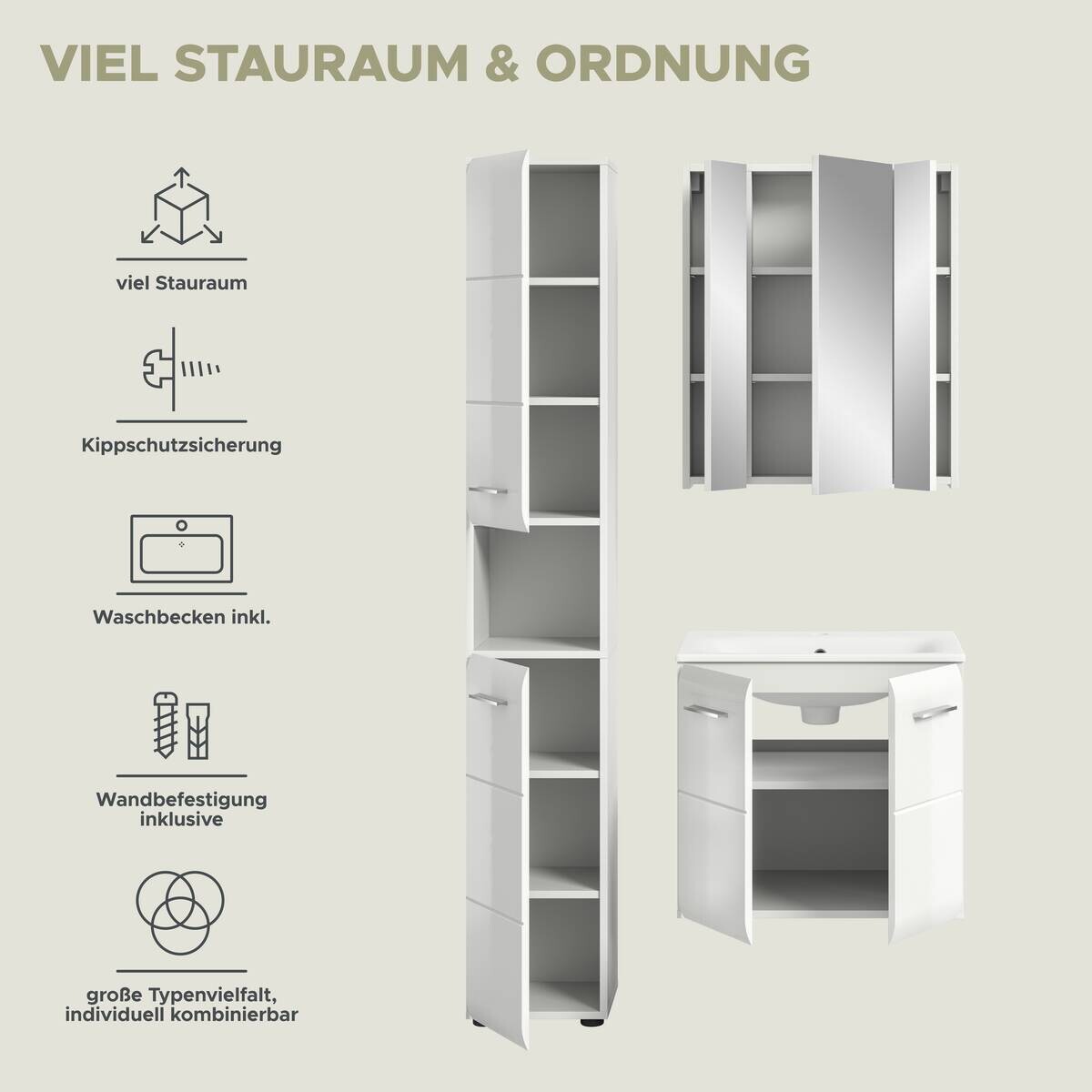 Badezimmer-Set Ice weiß weiß Hochglanz B/H/T: ca. 105x185x46 cm