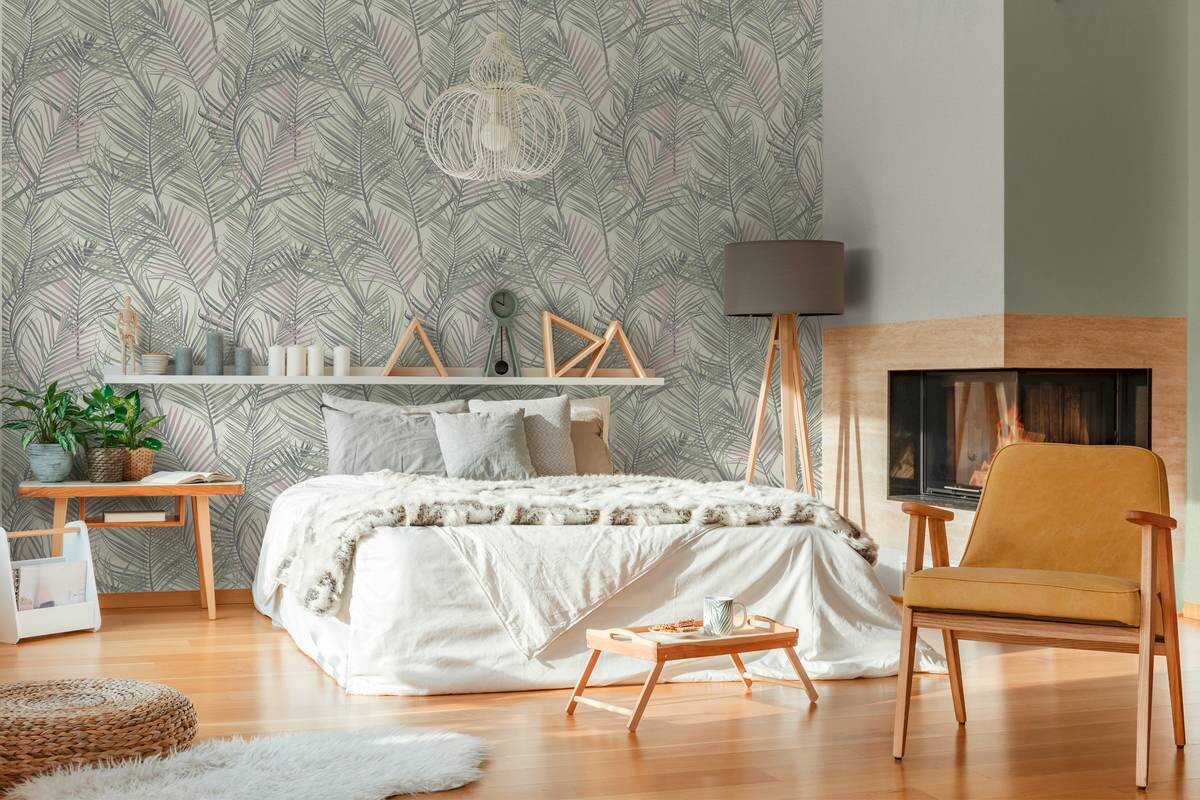 Vliestapete Palmenblätter grün rosa B/L: ca. 53x1005 cm