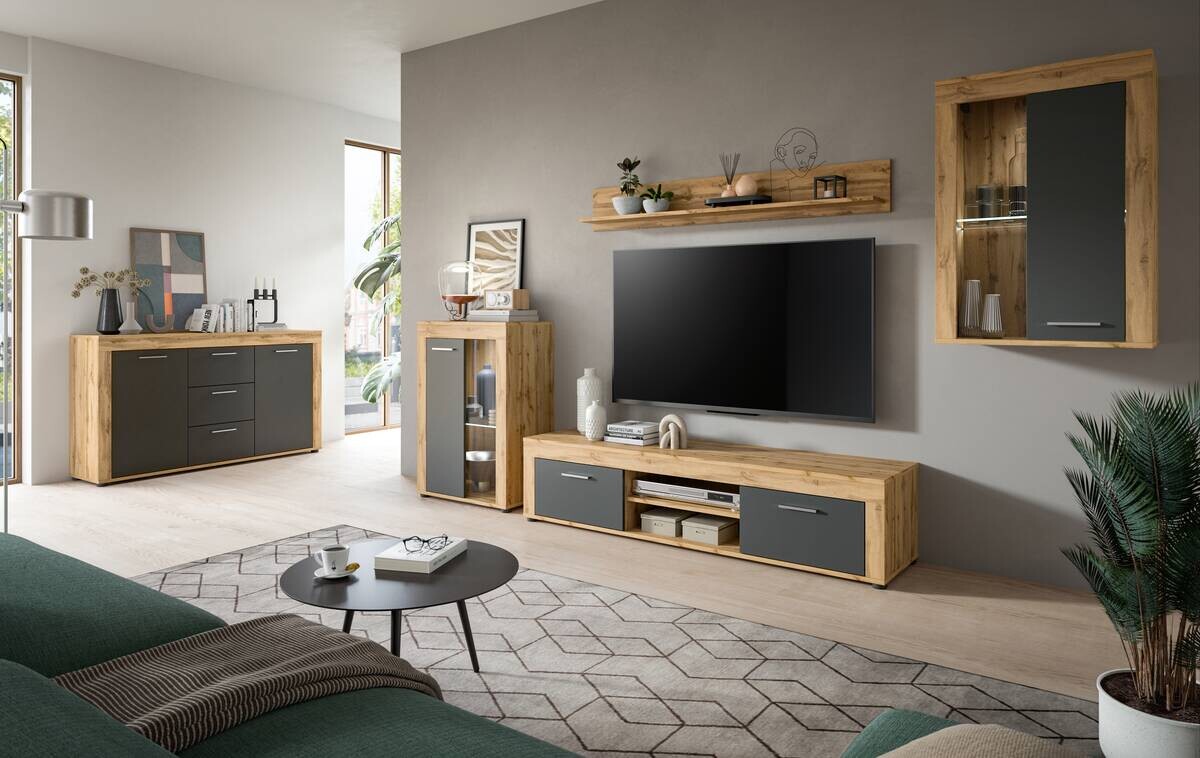 Wohnwand Jam Eiche Wotan Nachbildung grau B/H/T: ca. 310x169x35 cm