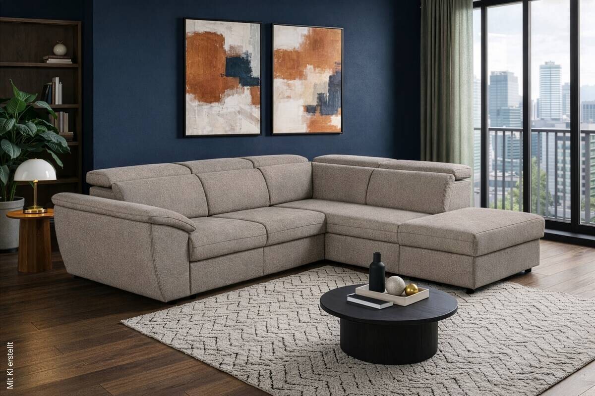 Ecksofa mit Bettfunktion und Bettkasten Greige Flachgewebe B/H/T: ca. 280x108x235 cm