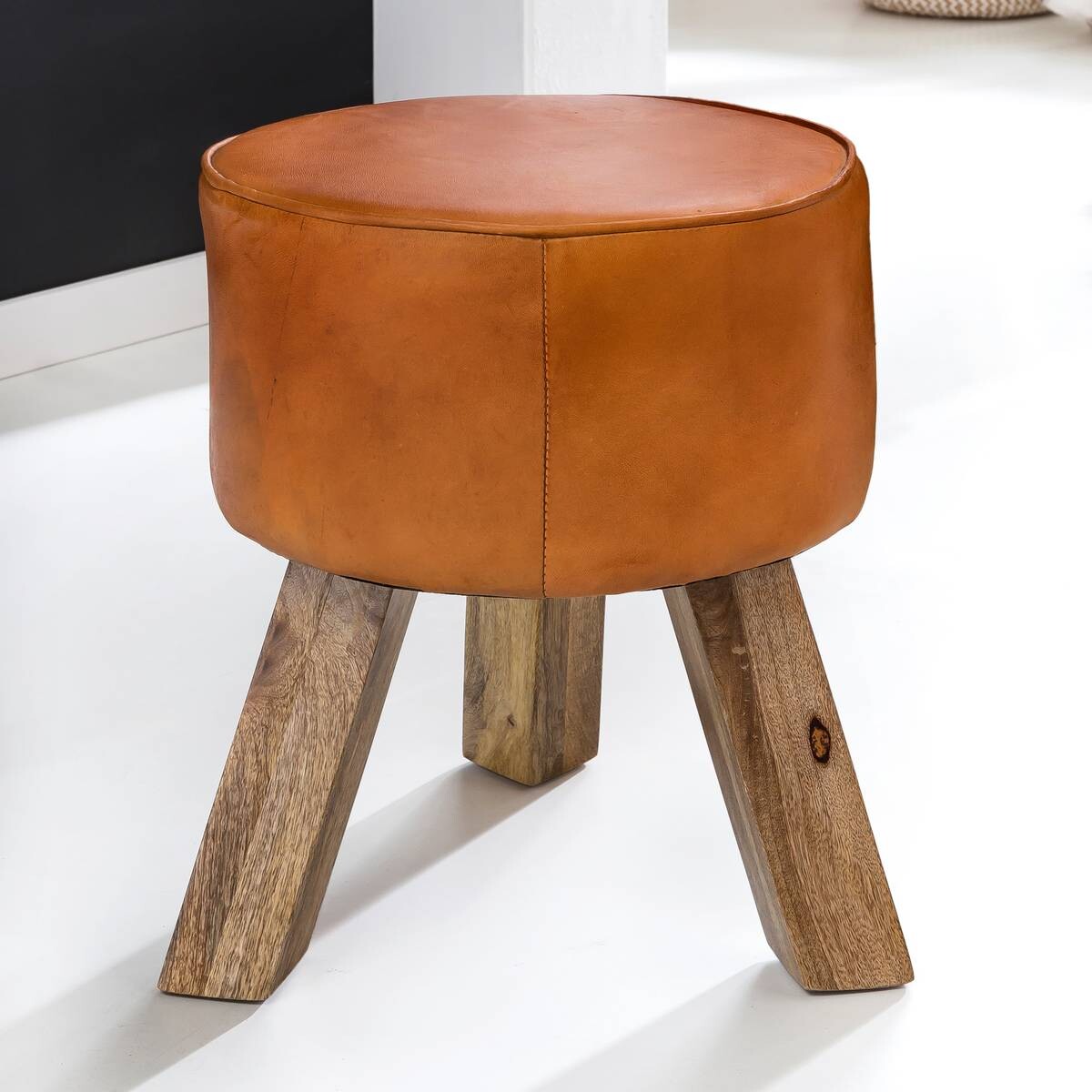 Wohnling Sitzhocker braun natur Leder Echtholz B/H/T: ca. 37x45x37 cm