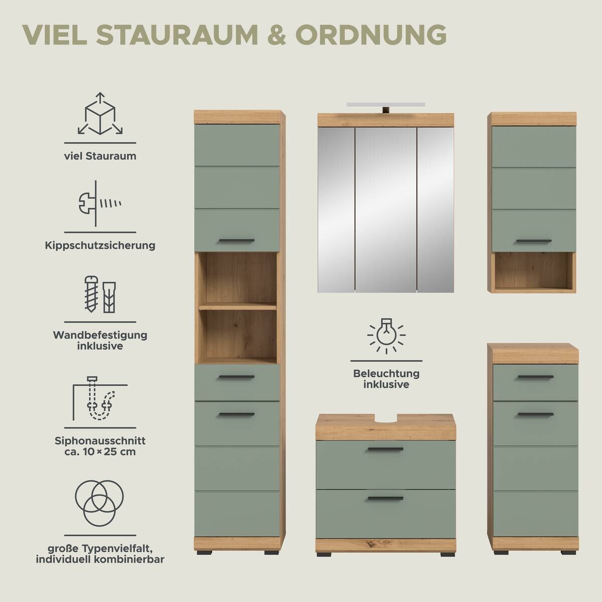 Badezimmer-Set Scout Eiche Artisan Nachbildung salbei Nachbildung B/H/T: ca. 164x191x34 cm