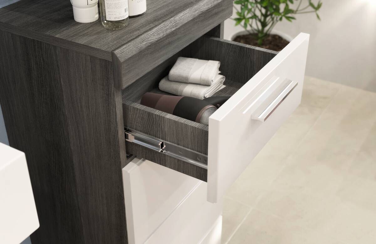 Badezimmer-Set Scout Eiche Rauchsilber Nachbildung weiß Hochglanz B/H/T: ca. 164x191x34 cm