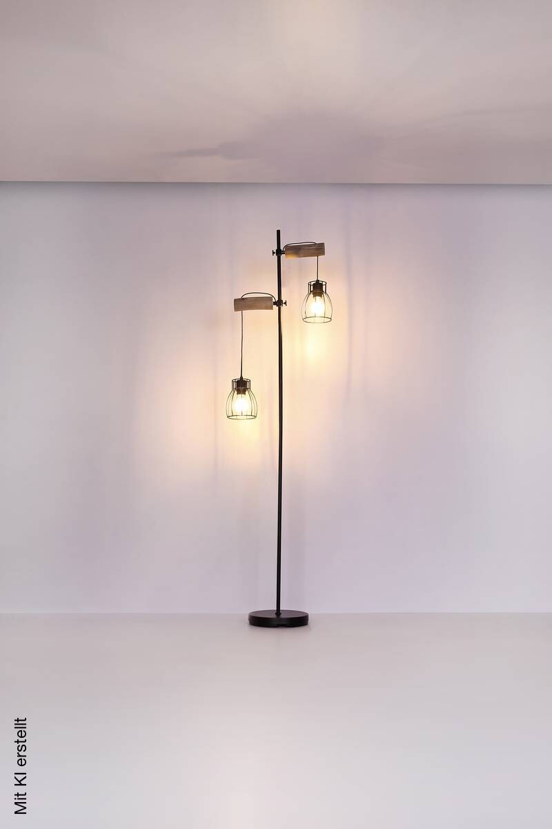 GLOBO Stehlampe Mina schwarz natur Metall Holz H: ca. 168 cm E27 2 Brennstellen