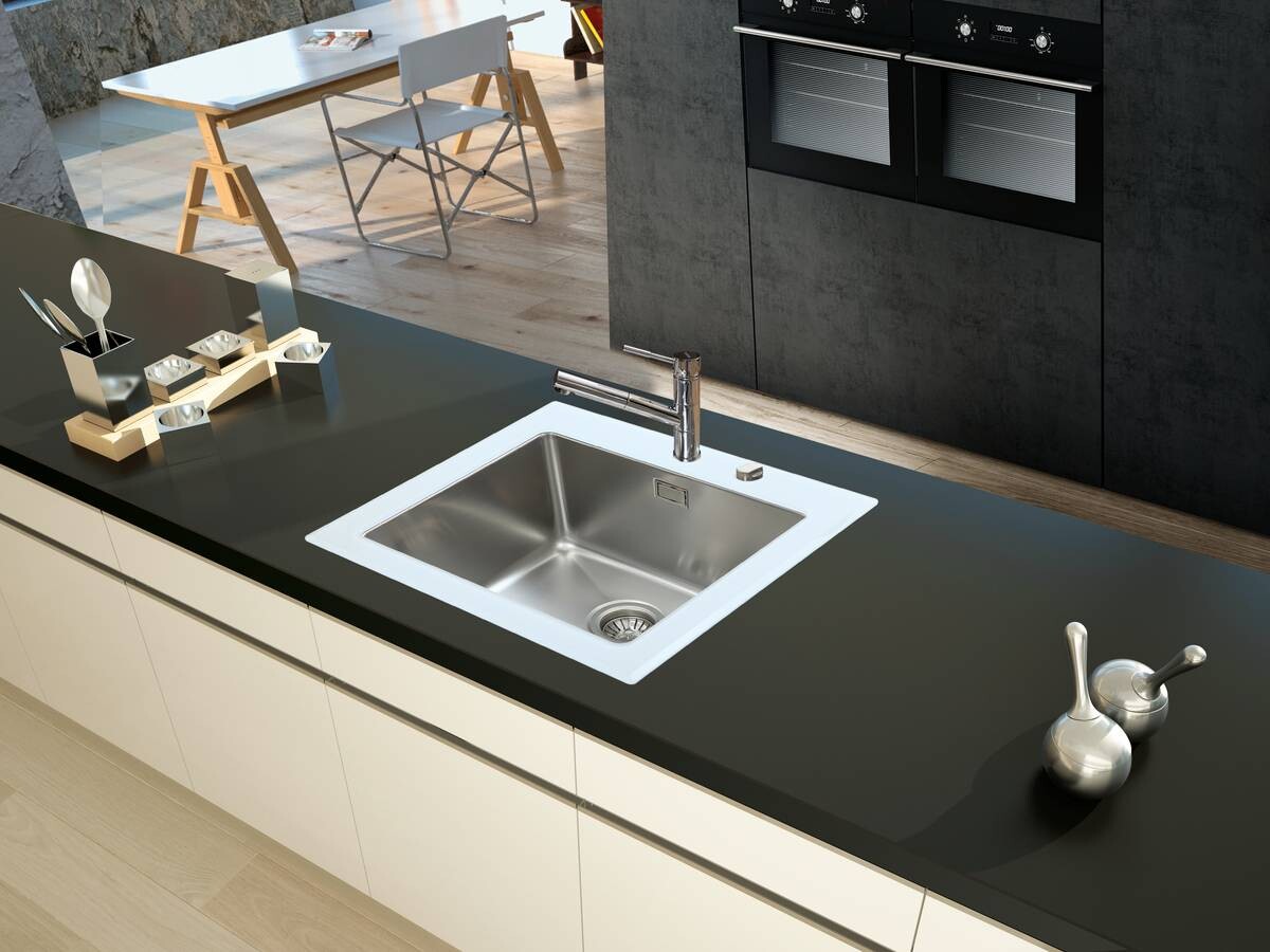 Respekta Einbauspüle New York 55 x 53 W weiß Glas Edelstahl B/H/T: ca. 55x21x53 cm