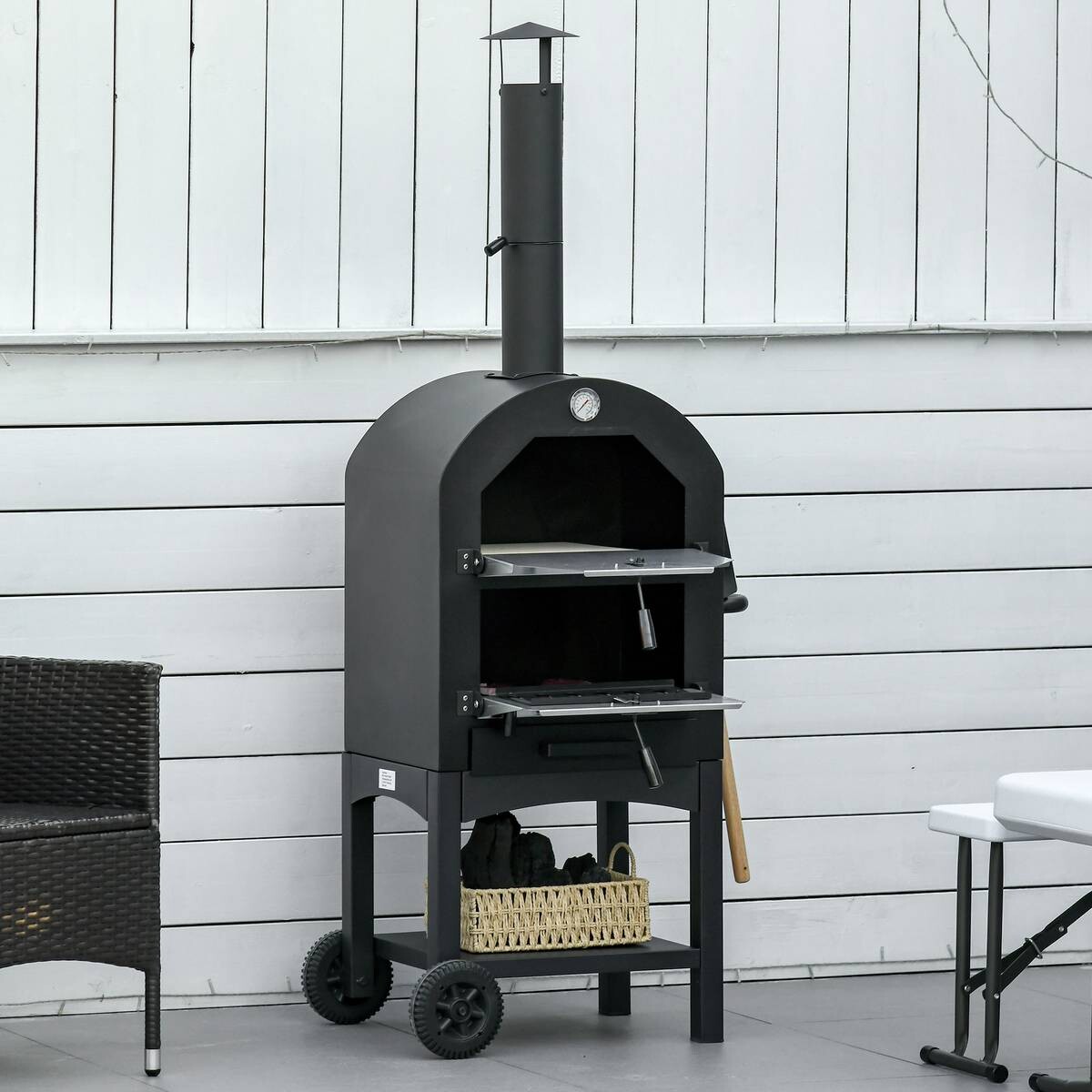 Outsunny Pizzaofen mit Schornstein schwarz Stahl B/H/L: ca. 54x161x63 cm