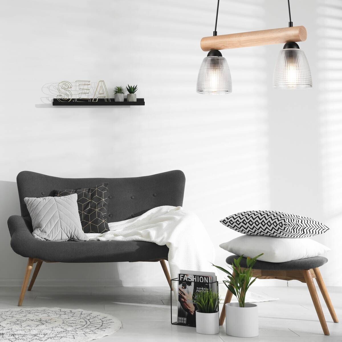 Lamkur Pendelleuchte natur Stahl B/H/L: ca. 20x101x43 cm E27 2 Brennstellen