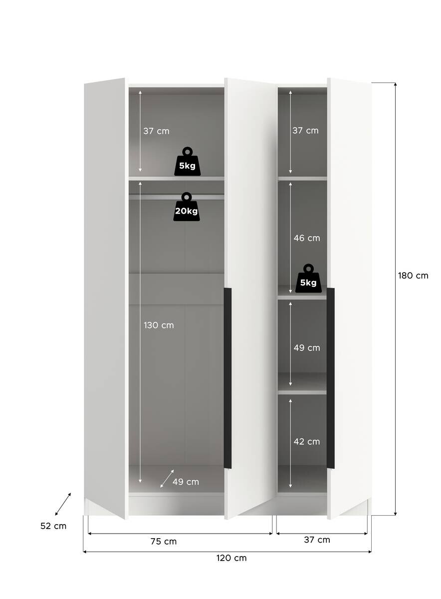 Kleiderschrank KOPENHAGEN weiß B/H/T: ca. 120x181x52 cm