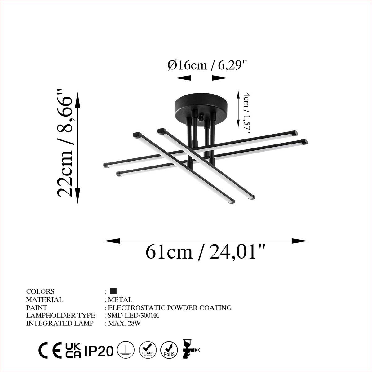 Opviq LED-Deckenleuchte schwarz B/H/T: ca. 61x22x61 cm